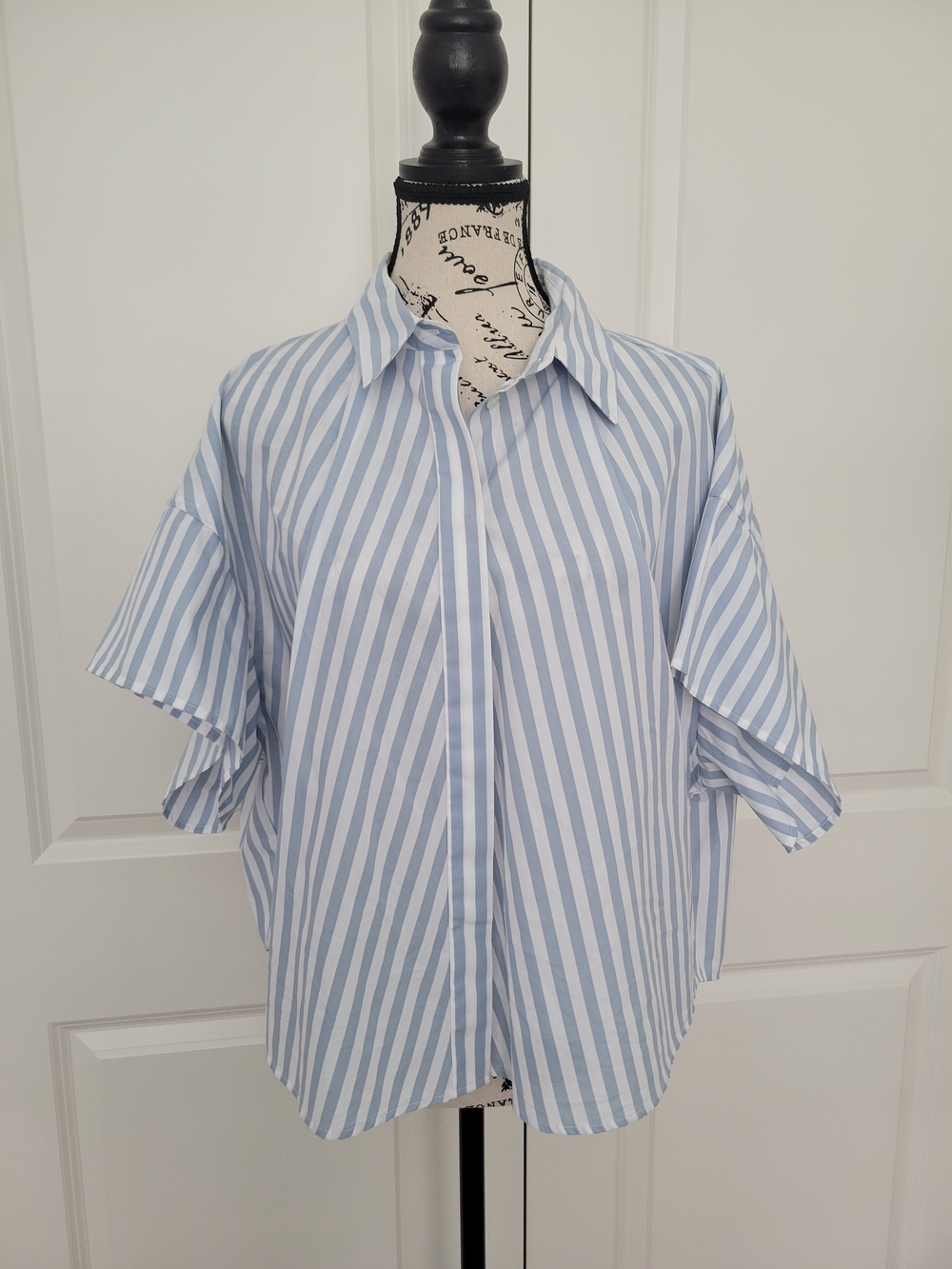 rag & bone Blue and White Vertical Stripe Short-Sleeve Button Shirt